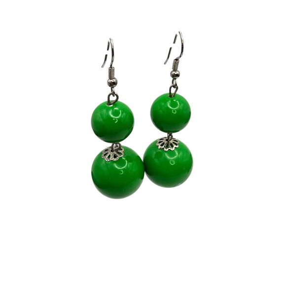 Pierced Earrings Chunky Beaded Lime Green Dangle Filigree Silver Tone Spacers - Picture 5 of 5